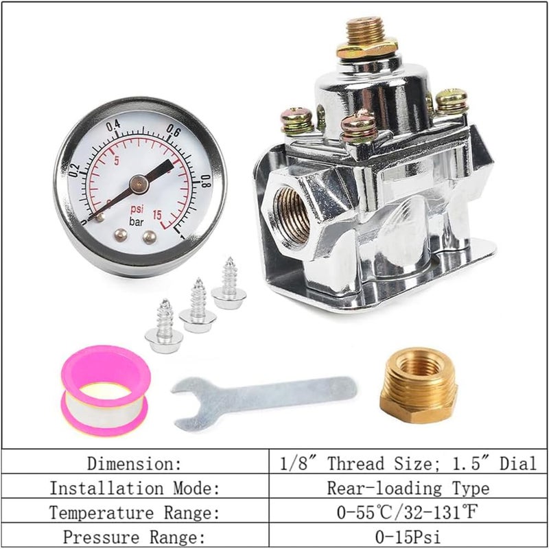 BARTOO Fuel Pressure Regulator Carburetor with Gauge Kit, 1-4 PSI, 3/8in NPT, 12-804, Zinc Alloy - Image 3